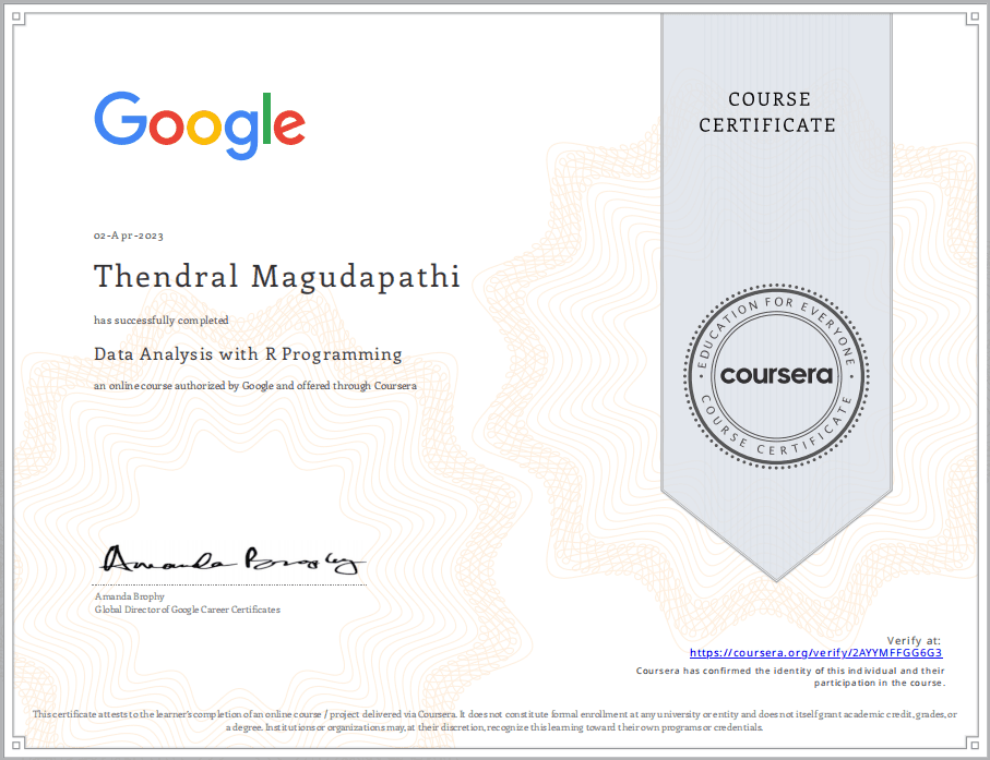 Data Analysis With R Programming certificate