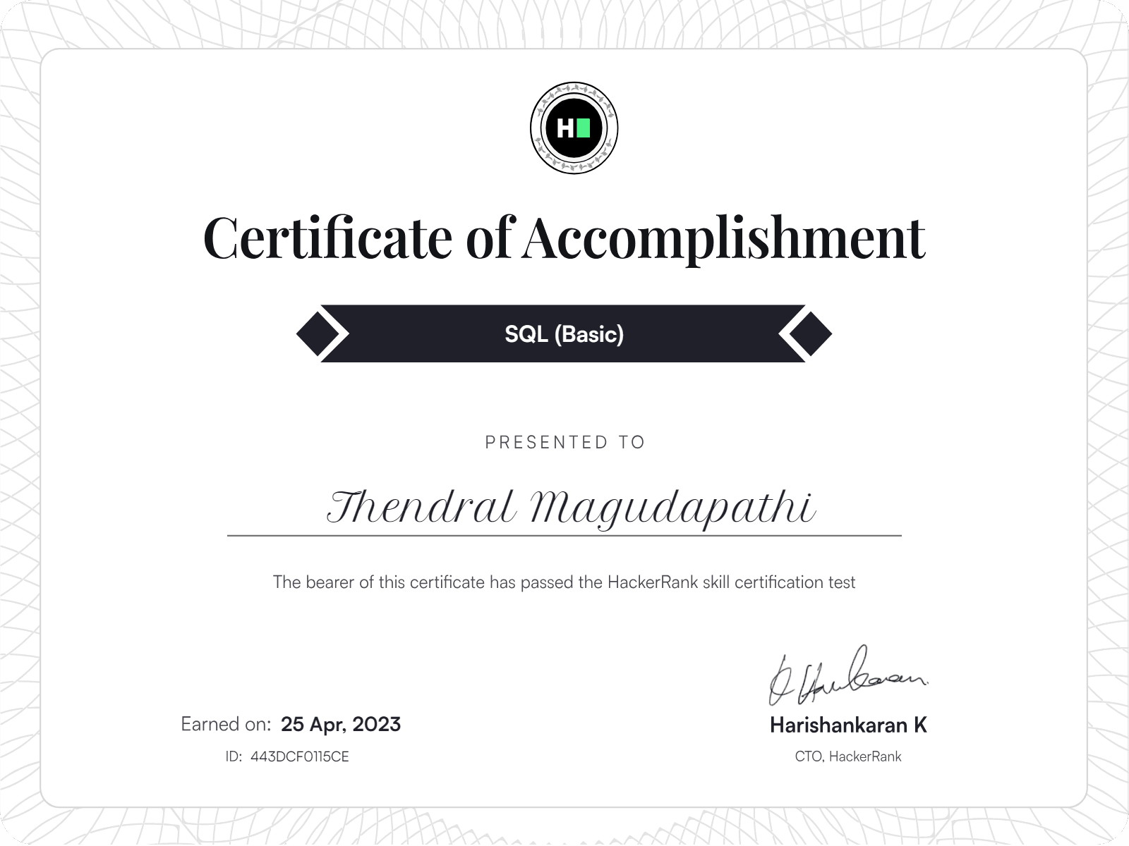 SQL Hacker Rank certificate