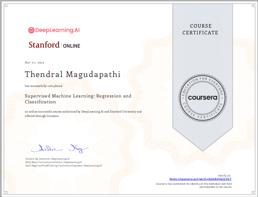 Supervised Machine Learning certificate